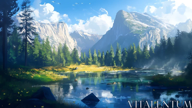 Mountain lake landscape with pine forest and bright sky.