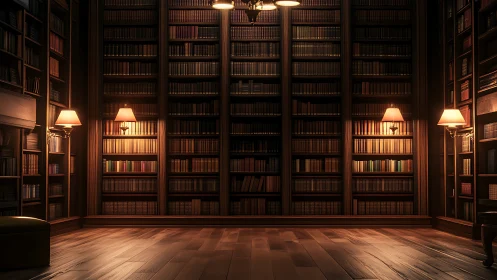 Symmetric mahogany library interior with lamplit shelving grid.