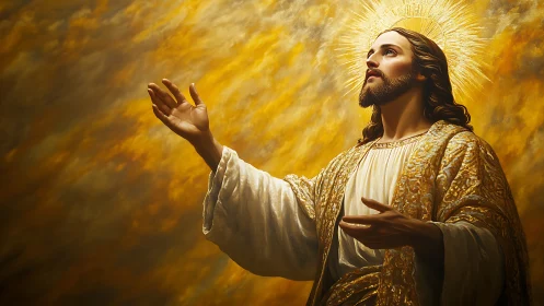 Radiant robed figure with luminous halo in golden diffusion.