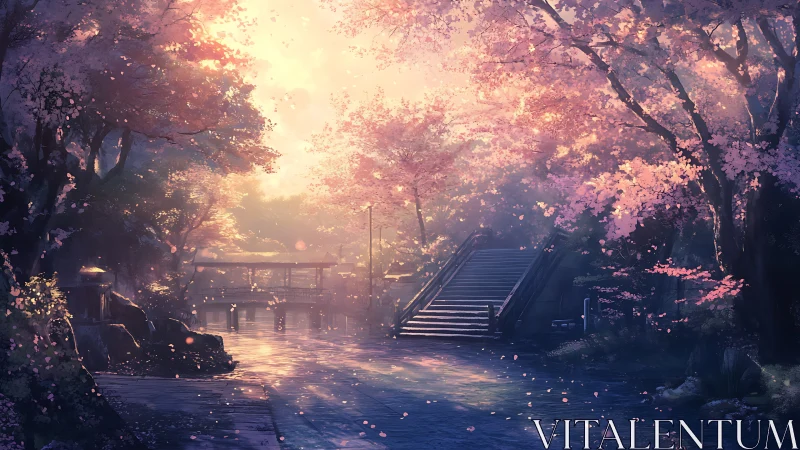 Sunlit cherry blossom path embraces tranquil stone bridge.