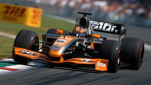Orange Formula 1 race car attacking fast chicane at speed.