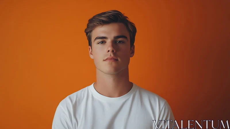 Calm young man stands against bold orange studio backdrop