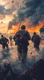 Soldiers advance through surf toward burning shoreline battle