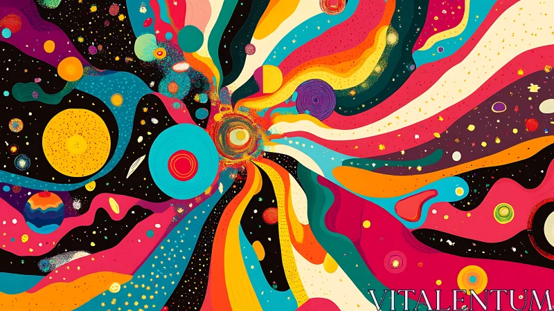 Colorful abstract cosmic swirl radiates across dark space