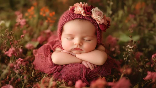 Sleeping Newborn in Floral Field With Pink Bonnet.