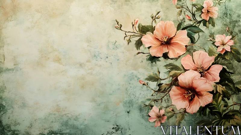 Romantic Peach Blossoms Against Textured Vintage Wall.