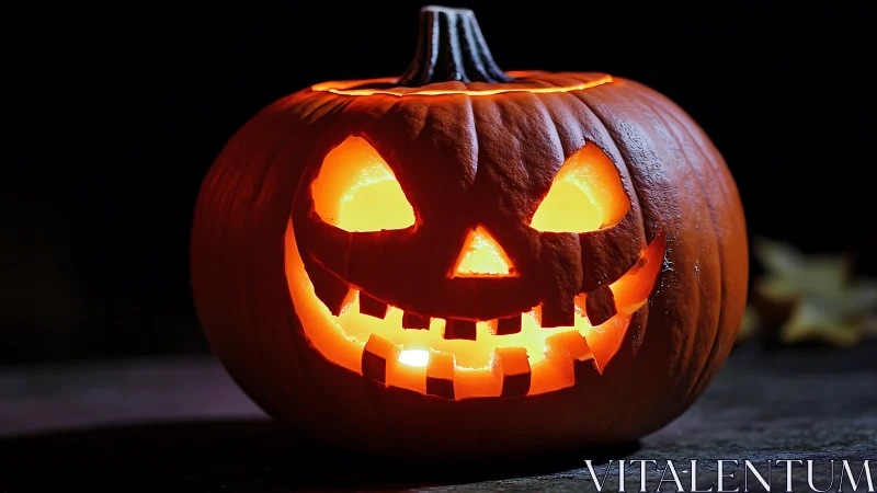 Glowing jack o lantern grinning wide on a cozy dark night.