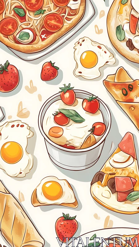 Playful brunch spread illustration with pizza, eggs, and fruit.