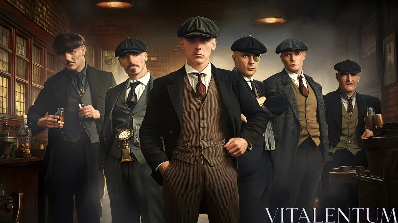 Period gangster ensemble stands in cinematic bar interior