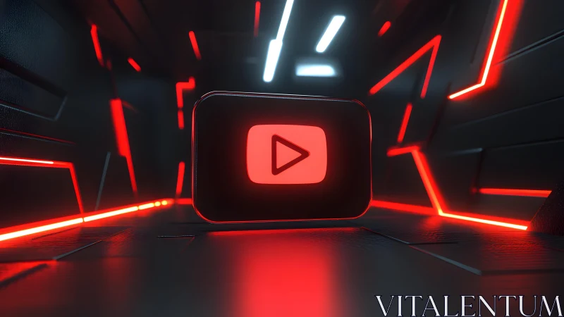 Futuristic YouTube Logo in Neon Red Sci-Fi Tunnel Environment.