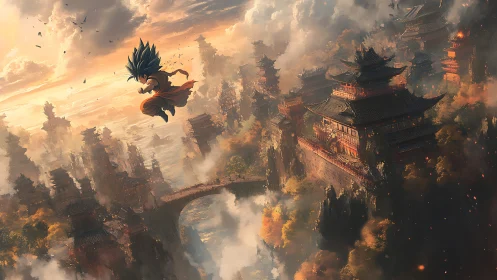 Skyward warrior over misty temples at sunrise.