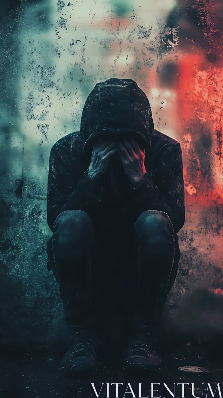 Hooded person crouches against worn wall in moody lighting
