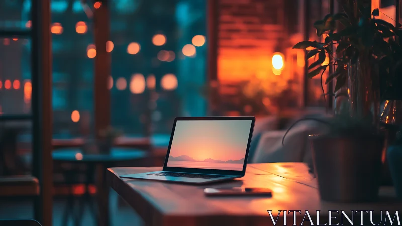 Laptop sunset dreaming in a softly glowing café evening.