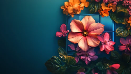 Vibrant Cosmos Blooms Against Teal Backdrop.