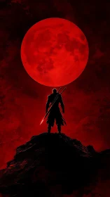 Lone warrior stands beneath a blazing crimson moon.