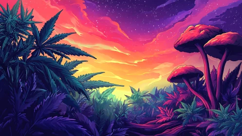 Psychedelic jungle scene shows sunset sky over giant mushrooms