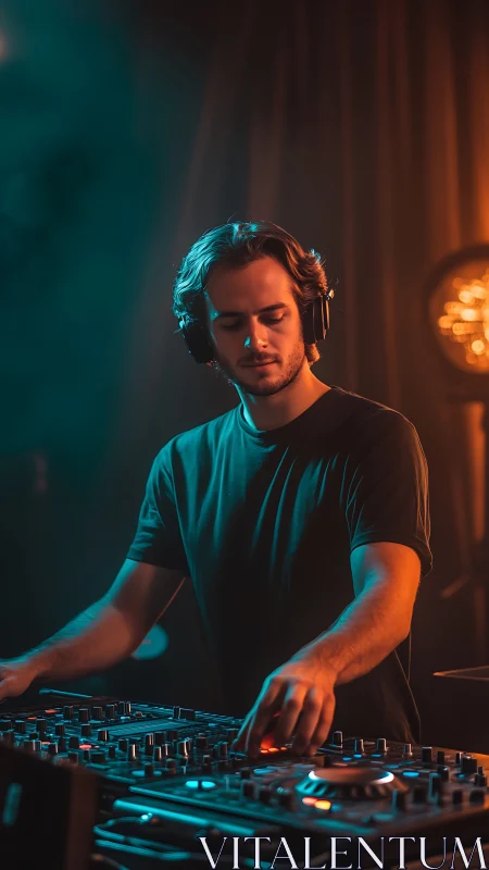 Softly glowing DJ at the decks, crafting a night of sound.