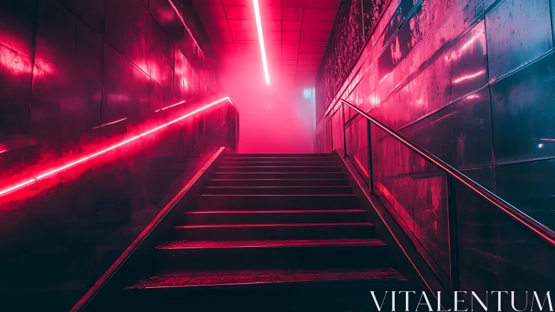 Neon subway stairwell glows with vivid magenta haze.