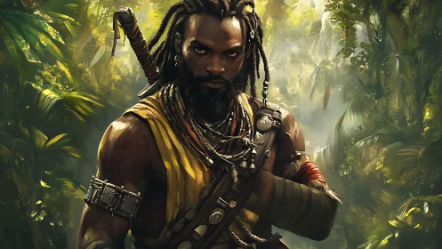 Jungle warrior meets your gaze with calm, unwavering strength