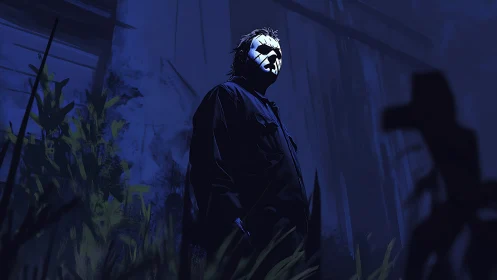 Masked figure in nocturnal yard, low-angle horror lighting study