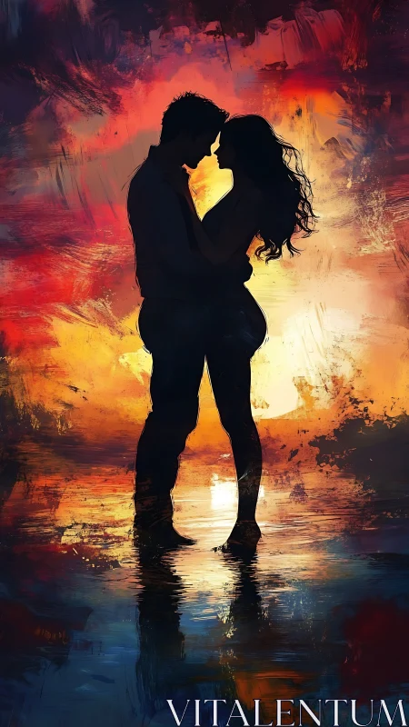 Silhouetted couple embracing in inferno glow.