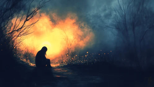 Solitary silhouette before blazing dusk portal glow.