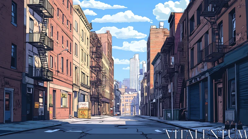 Quiet city backstreet glowing under a bright blue sky.