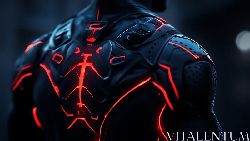 Neon‑lit cyber armor backplate in moody blue bokeh glow.