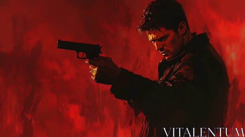 Brooding gunman in profile against abstract crimson void.