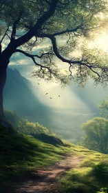 Sunlit forest path curves beneath expansive leafy tree canopy