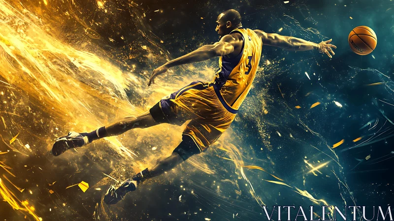 Cosmic court leap ignites a comet trail of basketball fire.