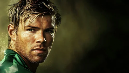 Cinematic close-up portrait of athletic man in green jersey