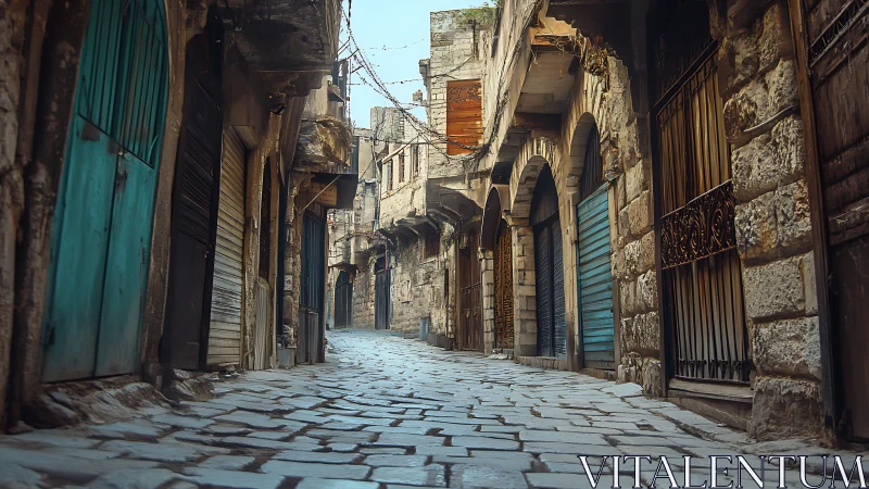 Weathered stone alleyway rests in quiet morning light