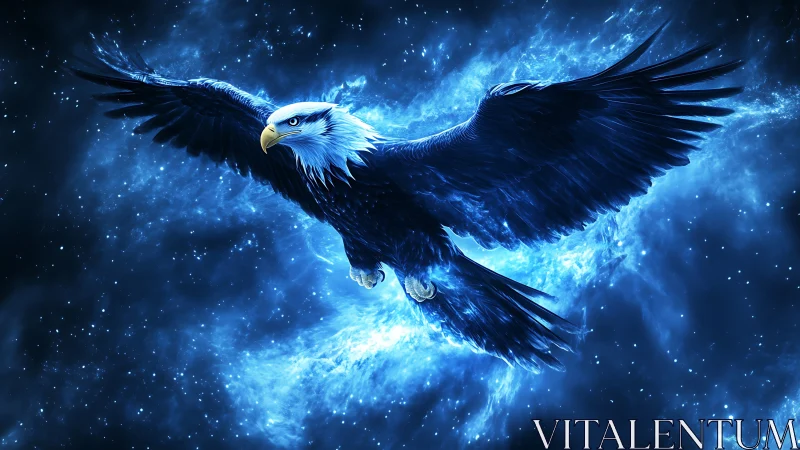 Majestic Bald Eagle Soaring in Cosmic Blue Digital Art.