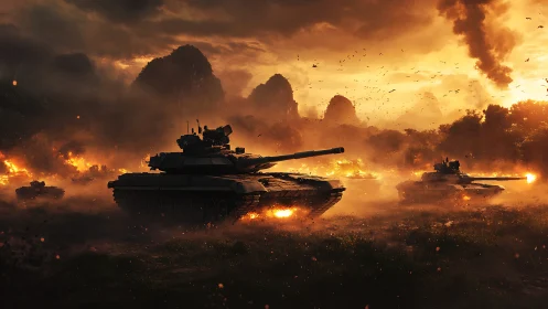 Sunset-lit battle tanks rolling through a fiery valley.