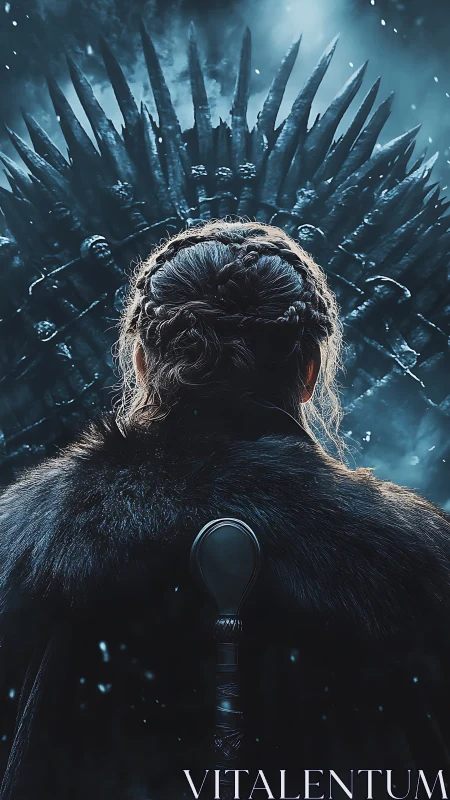 Regal figure before spiked iron throne in icy blue haze.