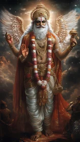 Divine winged deity in ornate garb amid celestial clouds.