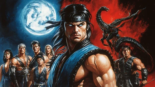 Martial warriors under lunar light and infernal storm.