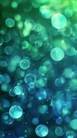 Digital bokeh spheres on teal blue abstract gradient field.