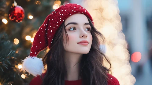 Soft winter lights and quiet joy in a festive red moment.