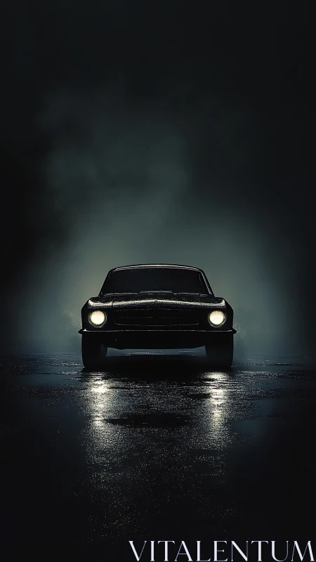 Classic muscle car front view on dark wet night street.