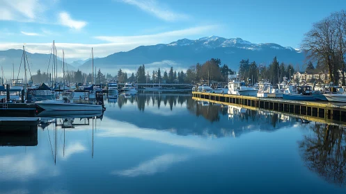 Serene marina rests beneath snowcapped mountains at dawn.