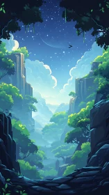 Luminescent Canyon Landscape with Crescent Moon and Stellar Field