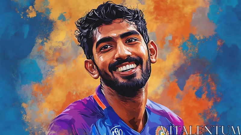 Vibrant digital portrait of smiling cricketer in motion blur.