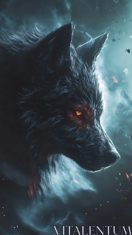 Lone spectral wolf emerges from swirling blue mist.