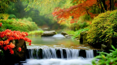 Whispering autumn brook under lantern-bright azaleas.