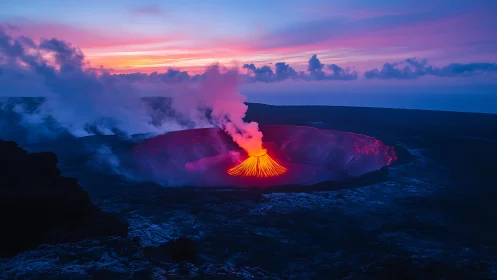 Volcanic crater with incandescent lava and night-to-dawn atmospheric conditions.