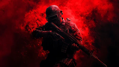 Armored soldier aims rifle amid blazing red battlefield haze