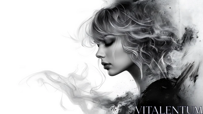 Monochrome female profile dissolving into abstract smoke.