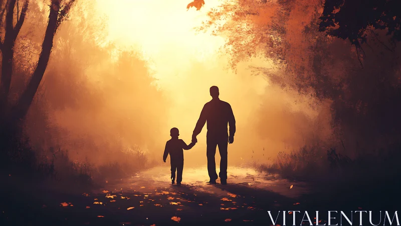 Silhouetted parent and child walking on sunlit forest path.